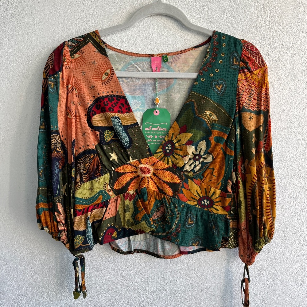 FARM Rio Graphic Orange Green Crop Blouse